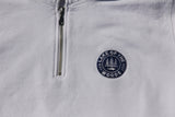 Blue and white logo on white LOTW Gear quarter zip pullover sweater