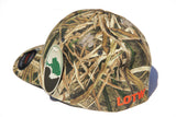 Side view of LOTW Gear camo flexfit baseball hat with orange embroidered logo