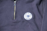 White and blue logo on navy blue LOTW Gear quarter zip pull over sweater