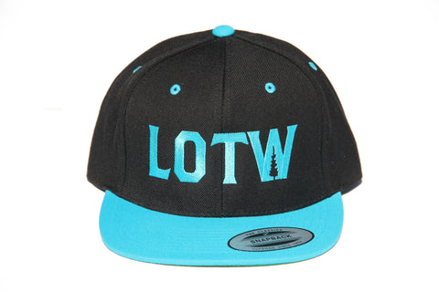 Front view of black and teal LOTW Gear snapback baseball hat with teal logo