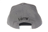 Back view of grey LOTW Gear snapback baseball hat with black embroidered logo