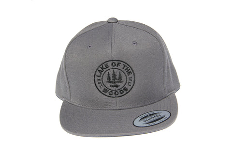 Front view of grey LOTW Gear snapback baseball hat with black embroidered logo