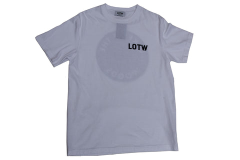 Front of mens LOTW Gear white t-shirt with small LOTW logo on left chest