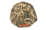 Back view of LOTW Gear camo flexfit baseball hat with orange embroidered logo