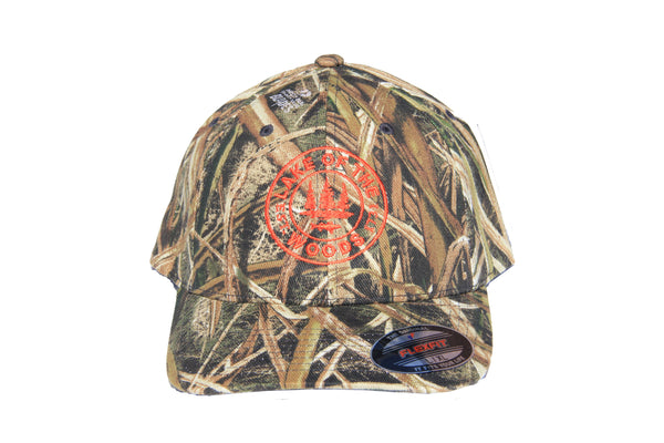 Front view of LOTW Gear camo flexfit baseball hat with orange embroidered logo