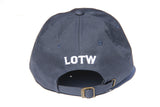 Back view of navy blue LOTW GEAR dad hat with white embroidered logo