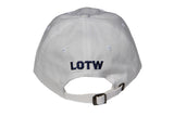 Back view of white LOTW GEAR dad hat with navy blue embroidered logo