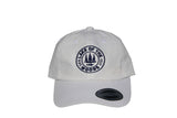 Front view of white LOTW GEAR dad hat with navy blue embroidered logo