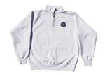 White LOTW Gear quarter zip pullover sweater with blue and white embroidered logo