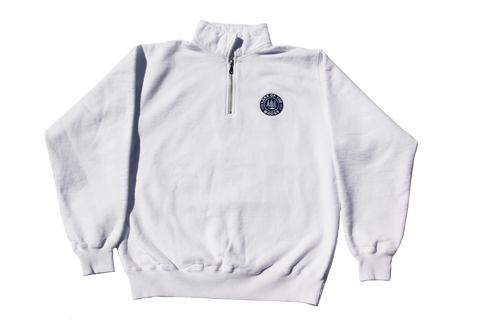 White LOTW Gear quarter zip pullover sweater with blue and white embroidered logo